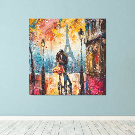 Toile "Couple romantique embrassant devant la Tour Eiffe (Insitu (Plancher de Bois))