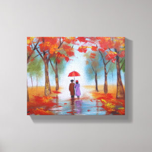 Toile Couplez la marche dans un jour pluvieux d'automne