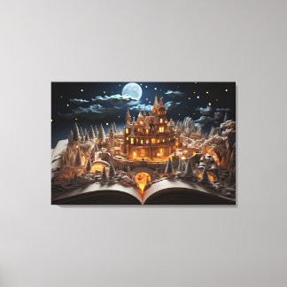Toile Cour de château de conte de Noël au clair de lune