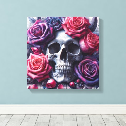 Toile Crâne entouré de Roses dynamiques (Insitu (Plancher de Bois))