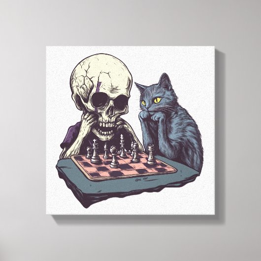 Toile Crâne vs Chat � Bataille d'Échecs Drôle (Recto)