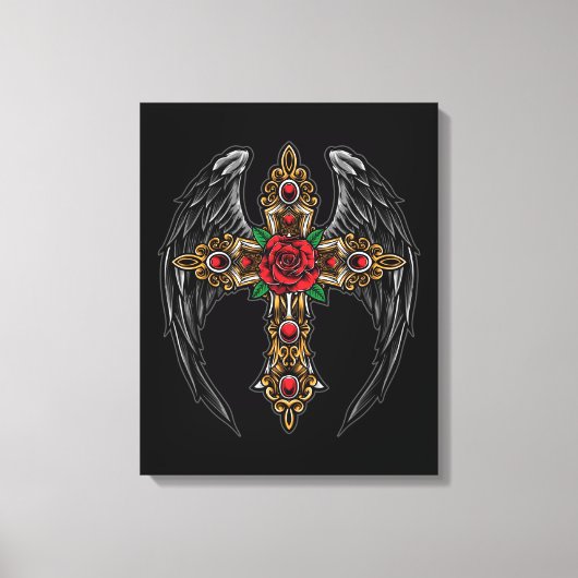 Toile Croix gothique aux fleurs et ailes (Recto)
