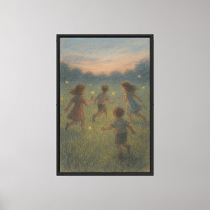 Toile Croquis Pastel d'enfants pourchassant les lucioles