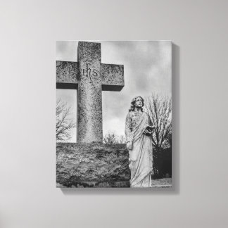 Toile Crucifix et ange en noir et blanc