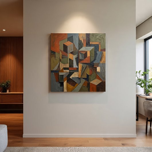 Toile Cubiste Abstrait Tons Terre 3D Cubes