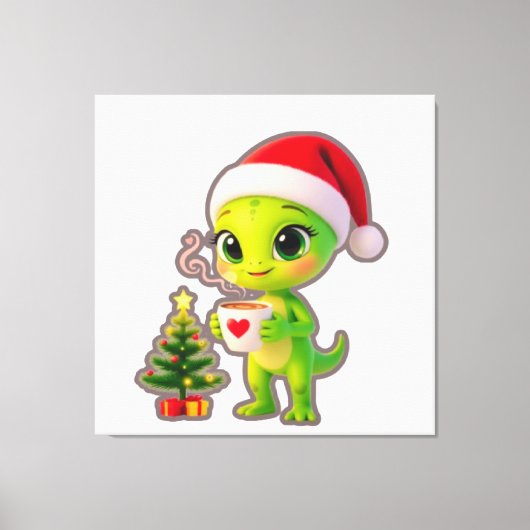 Toile **Cute 3D Green Alien in Santa Hat with Hot Chocol (Recto)