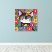 Toile Cute Folk Art Chat noir et fleurs (Insitu (Plancher de Bois))