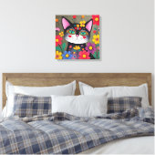 Toile Cute Folk Art Chat noir et fleurs (Insitu(Chambre))