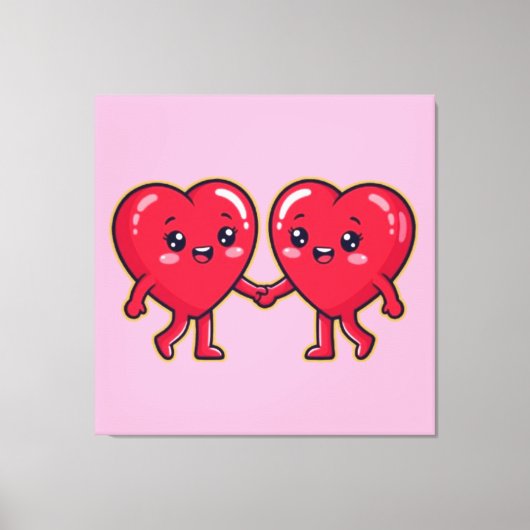 Toile Cute Heart Characters Holding Hands (Recto)