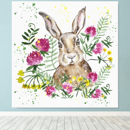 Toile Cute lapin en fleurs d'aquarelle (Insitu (Plancher de Bois))