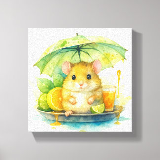 Toile Cute Watercolor Mouse Under Umbrella Canvas Art !