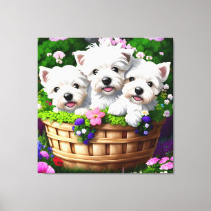 Toile Cute Westie White Terrier Puppies dans un panier 1
