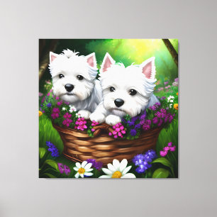Toile Cute Westie White Terrier Puppies dans un panier 2