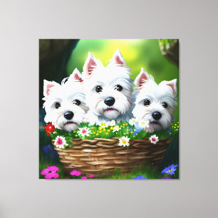 Toile Cute Westie White Terrier Puppies dans un panier 6