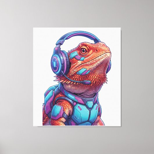 Toile Cyberpunk Bearded Dragon - Gamer Lizard with Heads (Recto)