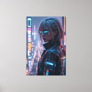 Toile Cyberpunk Cityscape Poster Futuriste Femme Hacke