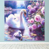Toile Cygne et cygnet avec roses violettes (Insitu (Plancher de Bois))