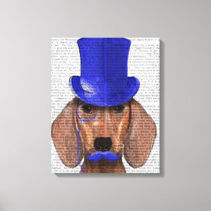 Toile Dachshund avec chapeau bleu et moustache bleue