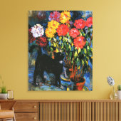 Toile Dahlias et Chat noir, peinture d'art, (Insitu(Salon))