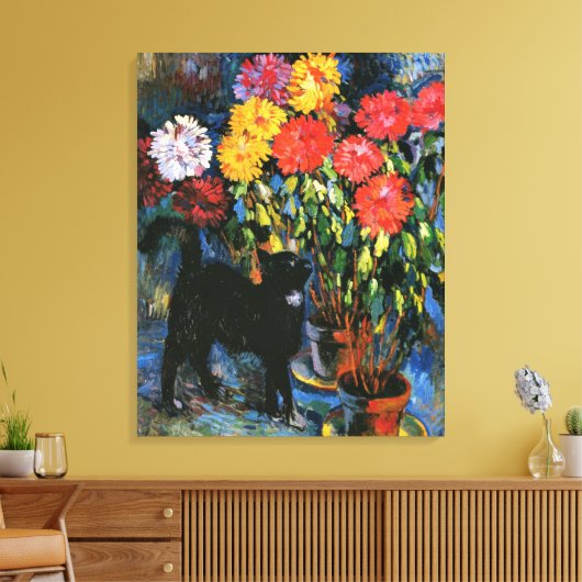 Toile Dahlias et Chat noir, peinture d'art, (Insitu(Salon))