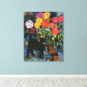 Toile Dahlias et Chat noir, peinture d'art, (Insitu (Plancher de Bois))