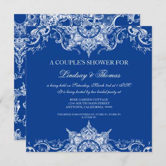 Toile Damask Swirl Couples Douche Royal Blue Kaart (Voorkant / Achterkant)