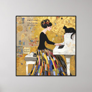 Toile Dame au piano Gold Klimt avec chat noir