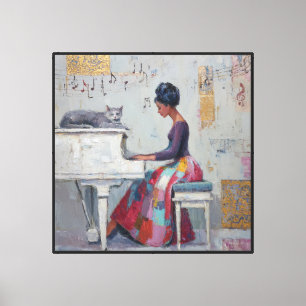 Toile Dame au piano scintillante chat violet gris