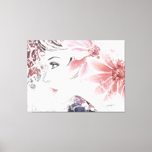 Toile Dame rose, Profil féminin visage avec fleurs (Recto)