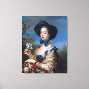 Toile Dame Vintage Avec Chapeau Bleu & Panier De Fleurs