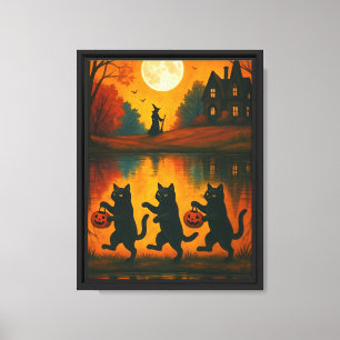 Toile Danser Halloween Chats avec Sorcière et Lune
