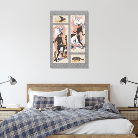Toile Danseurs Tribaux Rétro Modernes_Noir_Gris_Rose_Ble (Insitu(Chambre))