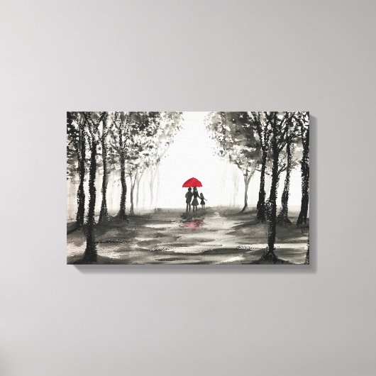 Toile d'art couple amour parapluie rouge (Recto)