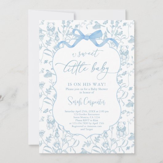 Toile De Jouy Baby shower bleu Bow Boy Invitation (Devant)