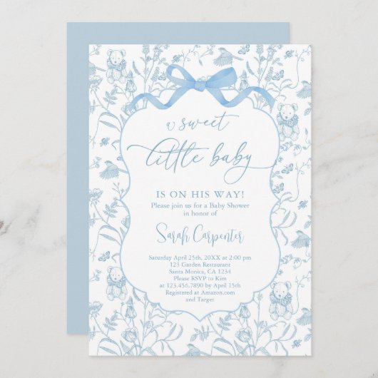 Toile De Jouy Baby shower bleu Bow Boy Invitation (Devant / Derrière)