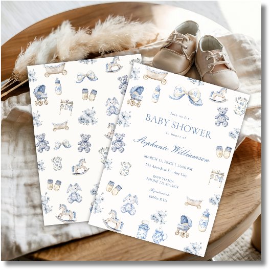 Toile De Jouy Baby Shower Blue Bow Boy Invitation Kaart