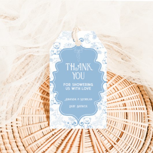 Toile de Jouy Beer Blauw Baby shower Dank u Cadeaulabel