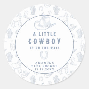 Toile de Jouy Blauwe Cowboy Western Baby Shower Ronde Sticker