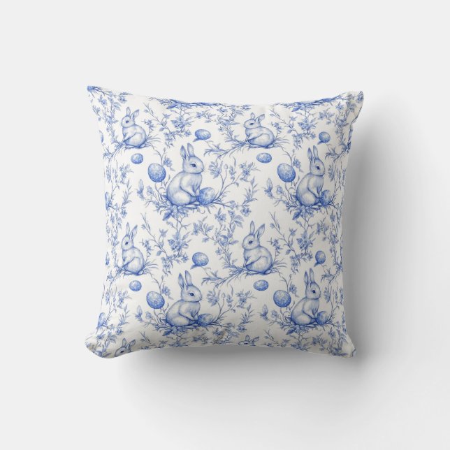Toile De Jouy Blauwe Paashaas Kussen (Voorkant)