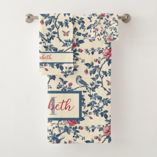 Toile de Jouy bleu et rouge floral et oiseaux (En situation)