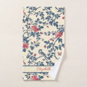 Toile de Jouy bleu et rouge floral et oiseaux (Serviette à main)
