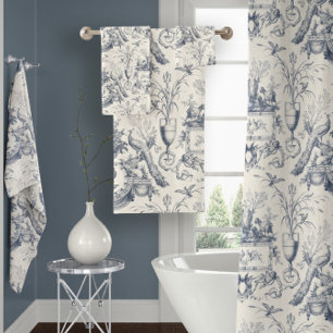 Toile de Jouy Bleue Vintage Paon Coq et Lapin