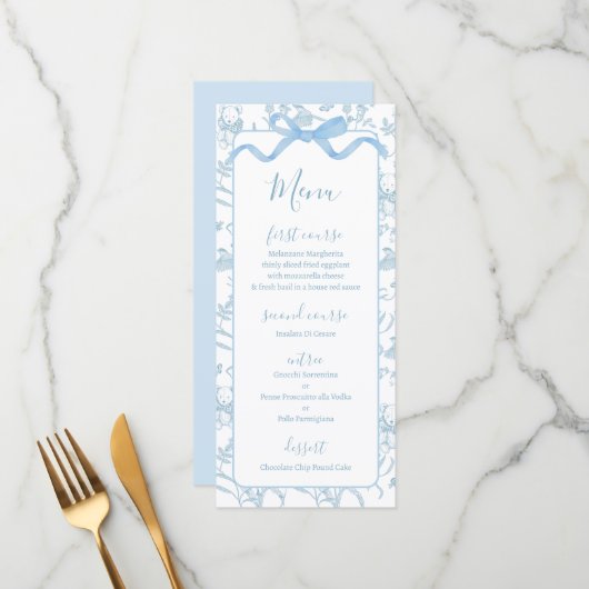 Toile de jouy Blue Baby Shower Boy Menu Card (Devant/Arrière en situation)