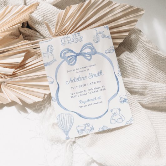 Toile de Jouy Blue Bow Chinoiserie Boy Baby shower Kaart