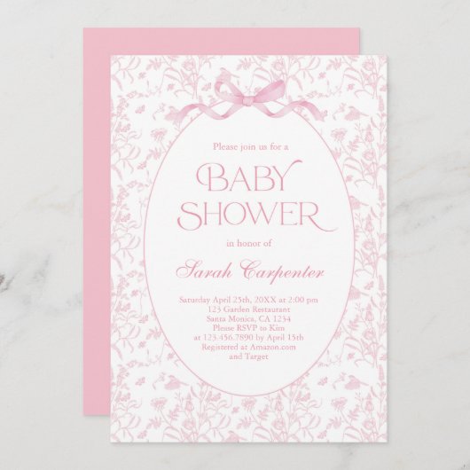 Toile De Jouy Bow Baby shower Invitation fille (Devant / Derrière)