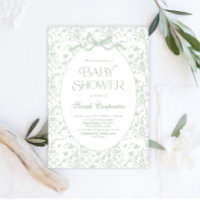 Toile De Jouy Bow Baby shower Sage Uitnodiging