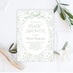 Toile De Jouy Bow Baby shower sauge Invitation