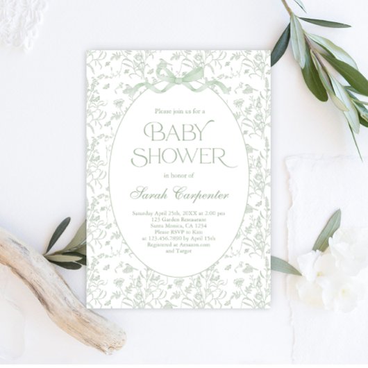 Toile De Jouy Bow Baby shower sauge Invitation