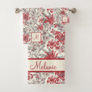 Toile de Jouy Lys floraux gris et rouges