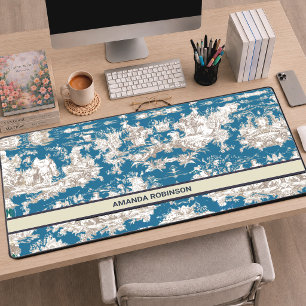 Toile de Jouy monogramme bleu turquoise vintage